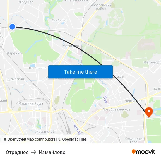 Отрадное to Измайлово map