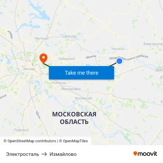 Электросталь to Измайлово map