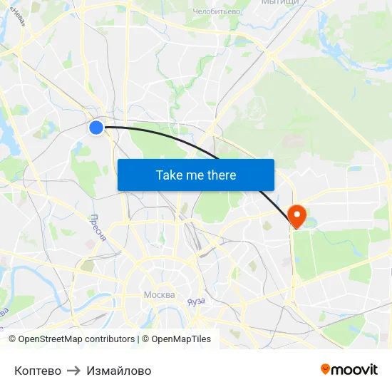 Коптево to Измайлово map