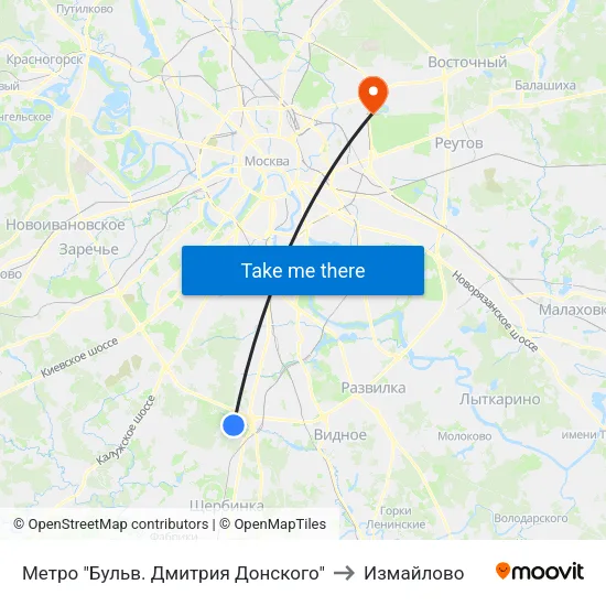 Метро "Бульв. Дмитрия Донского" to Измайлово map