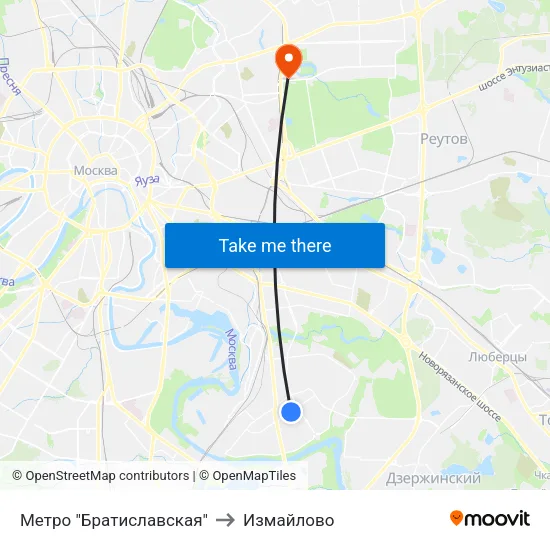 Метро "Братиславская" to Измайлово map