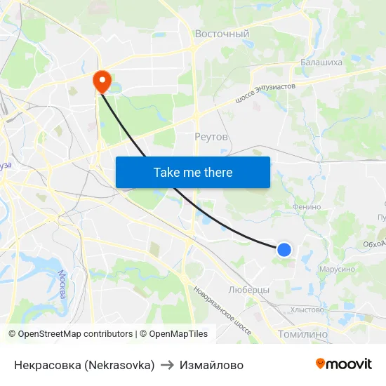 Некрасовка (Nekrasovka) to Измайлово map