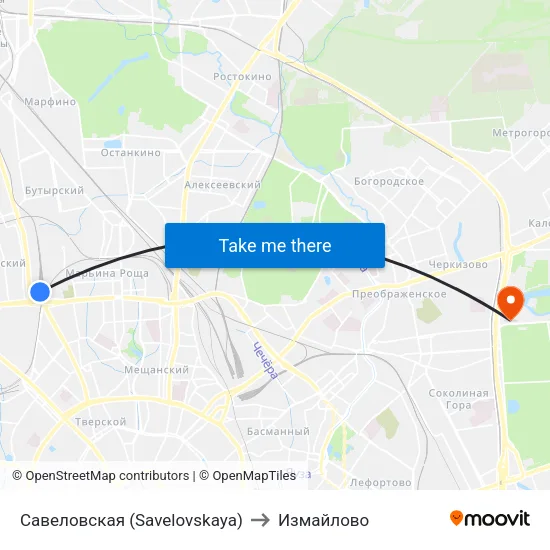 Савеловская (Savelovskaya) to Измайлово map