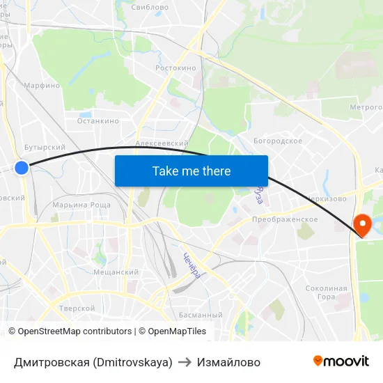 Дмитровская (Dmitrovskaya) to Измайлово map