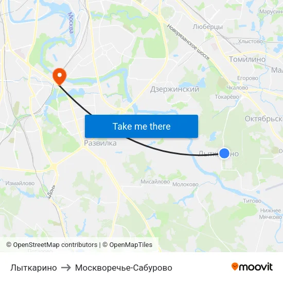 Лыткарино to Москворечье-Сабурово map