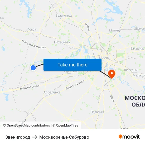 Звенигород to Москворечье-Сабурово map