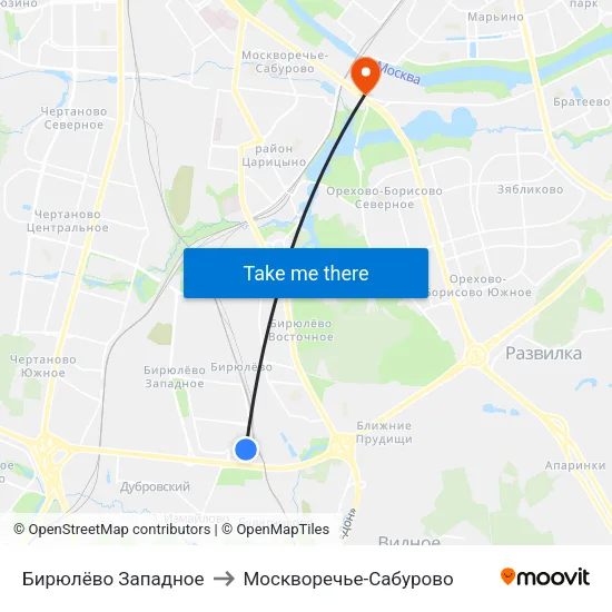 Бирюлёво Западное to Москворечье-Сабурово map