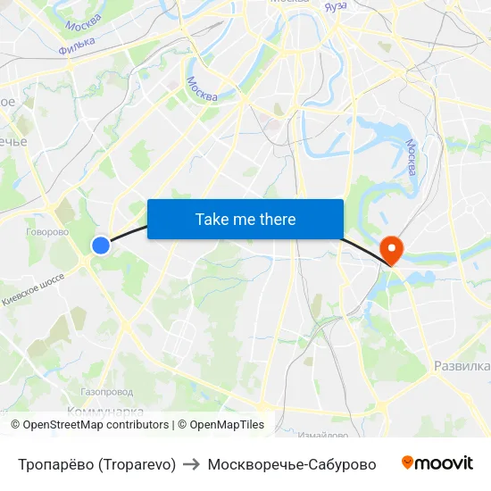 Тропарёво (Troparevo) to Москворечье-Сабурово map