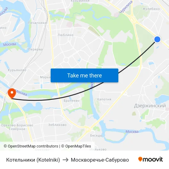 Котельники (Kotelniki) to Москворечье-Сабурово map