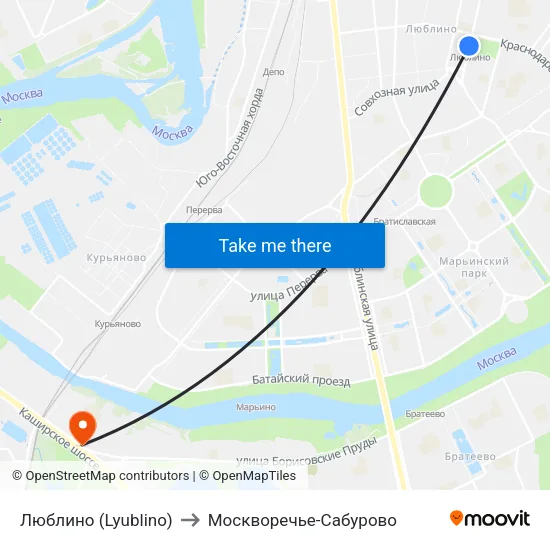 Люблино (Lyublino) to Москворечье-Сабурово map