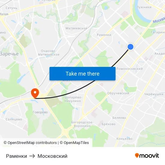 Раменки to Московский map