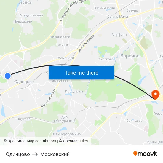 Одинцово to Московский map