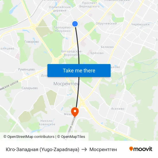 Юго-Западная (Yugo-Zapadnaya) to Мосрентген map