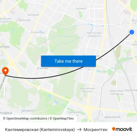 Кантемировская (Kantemirovskaya) to Мосрентген map
