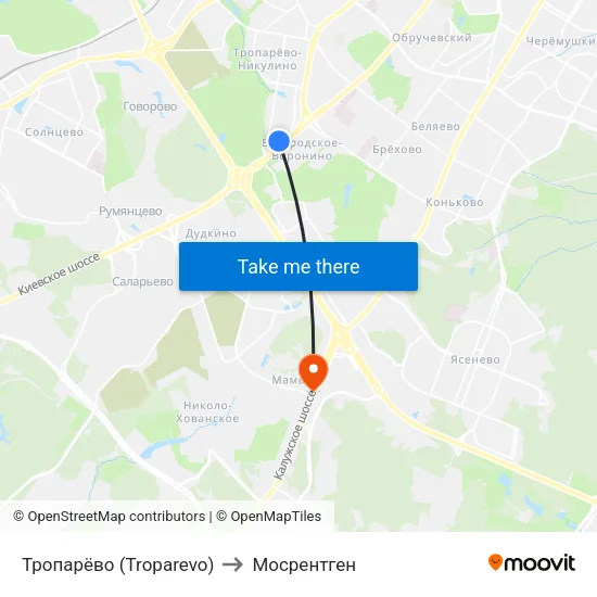Тропарёво (Troparevo) to Мосрентген map