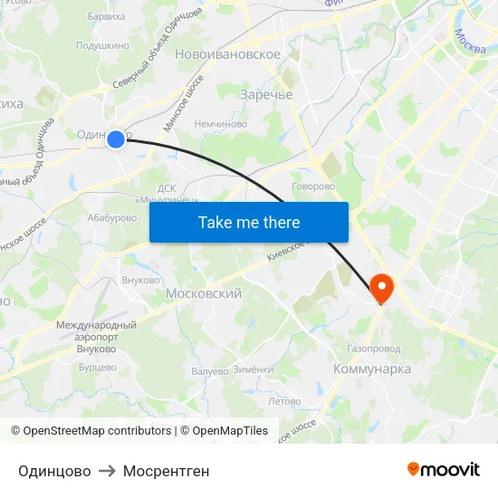 Одинцово to Мосрентген map