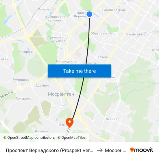 Проспект Вернадского (Prospekt Vernadskogo) to Мосрентген map