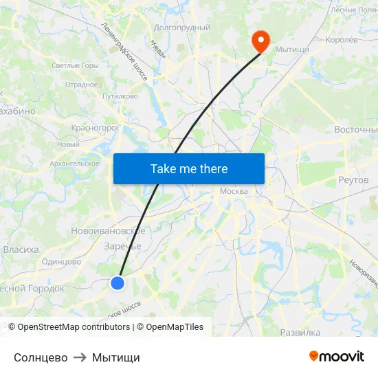 Солнцево to Мытищи map