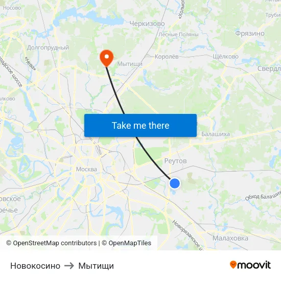 Новокосино to Мытищи map