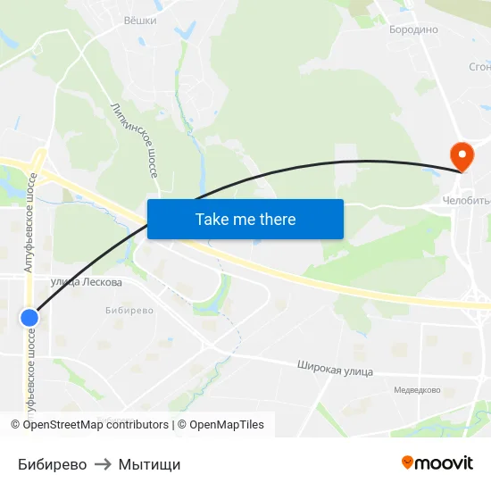 Бибирево to Мытищи map