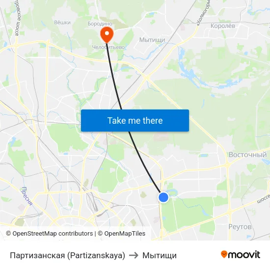 Партизанская (Partizanskaya) to Мытищи map
