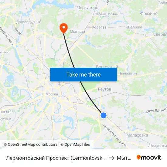 Лермонтовский Проспект (Lermontovsky Prospekt) to Мытищи map