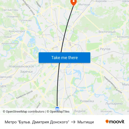 Метро "Бульв. Дмитрия Донского" to Мытищи map