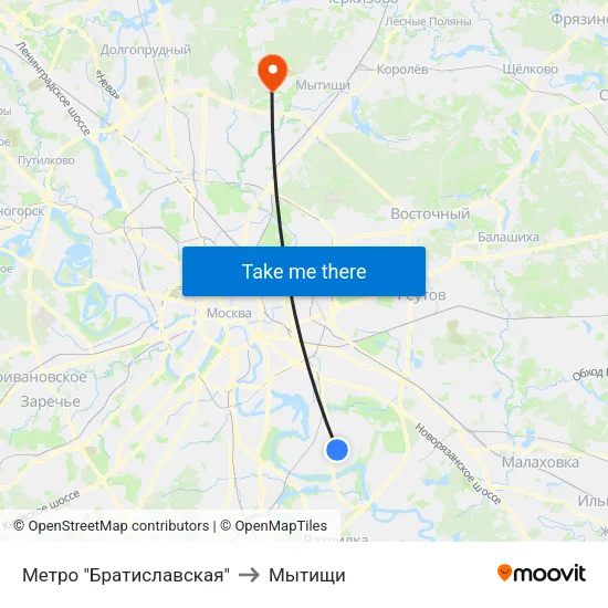Метро "Братиславская" to Мытищи map
