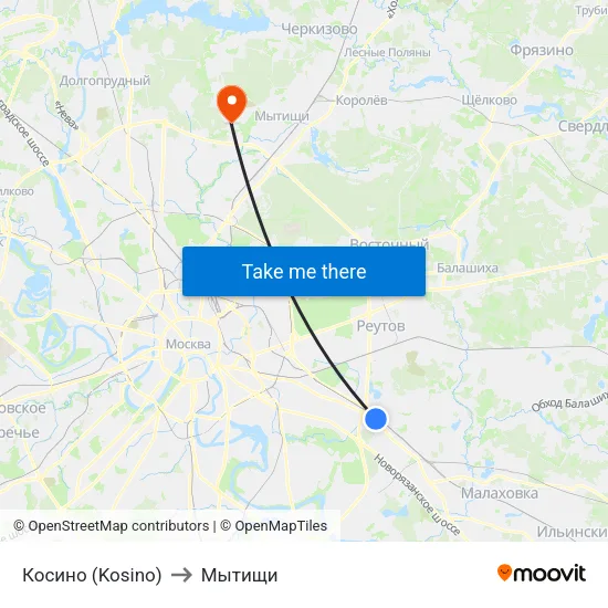 Косино (Kosino) to Мытищи map