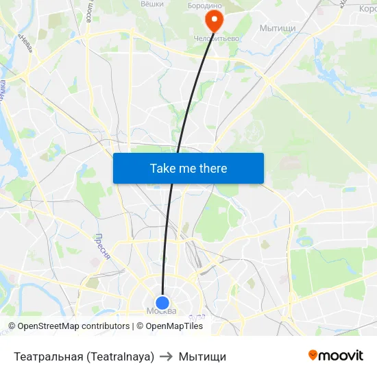 Театральная (Teatralnaya) to Мытищи map