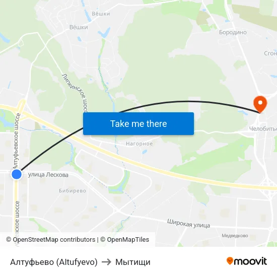 Алтуфьево (Altufyevo) to Мытищи map