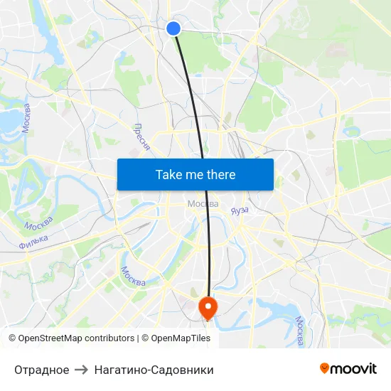 Отрадное to Нагатино-Садовники map