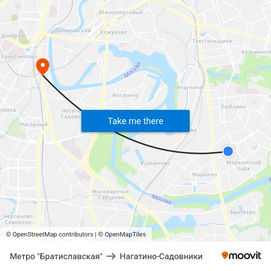 Метро "Братиславская" to Нагатино-Садовники map