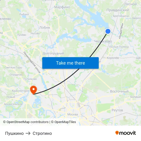 Пушкино to Строгино map