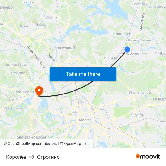 Королёв to Строгино map