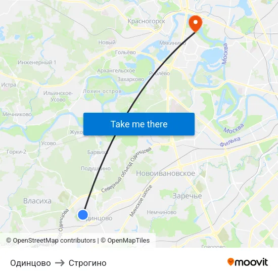 Одинцово to Строгино map