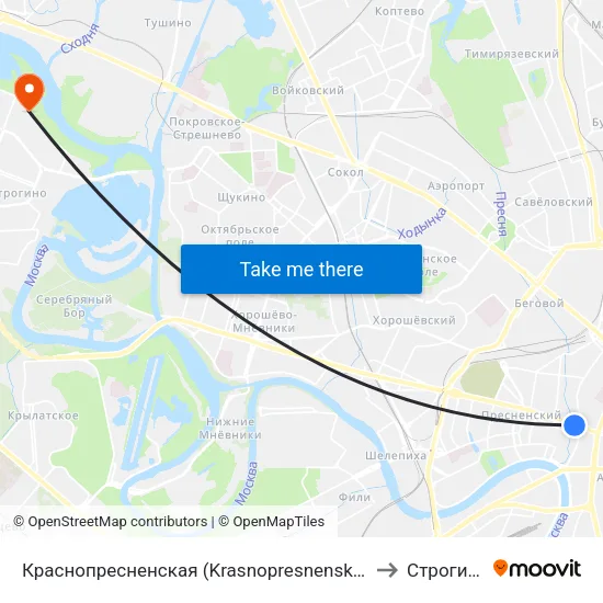 Краснопресненская (Krasnopresnenskaya) to Строгино map