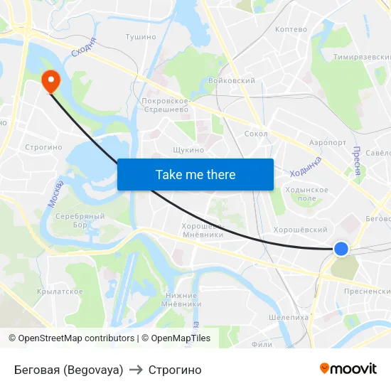 Беговая (Begovaya) to Строгино map