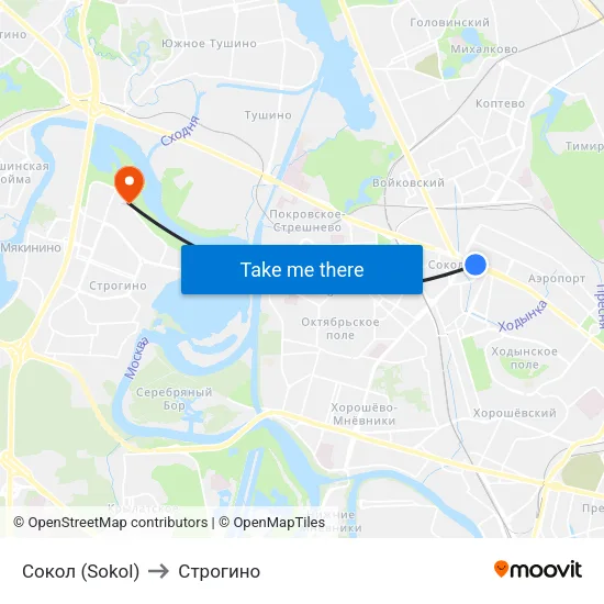 Сокол (Sokol) to Строгино map