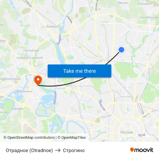 Отрадное (Otradnoe) to Строгино map