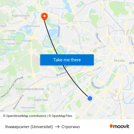Университет (Universitet) to Строгино map