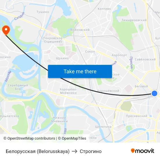 Белорусская (Belorusskaya) to Строгино map