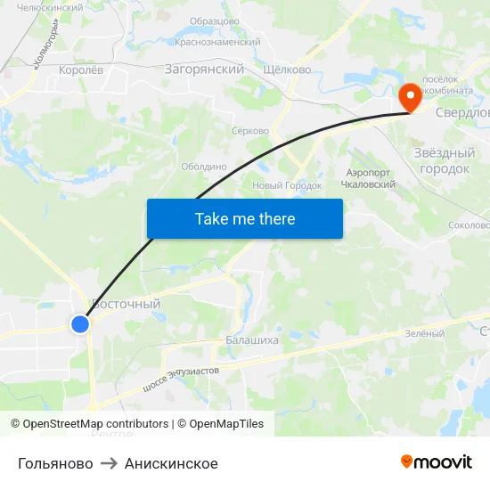 Гольяново to Анискинское map