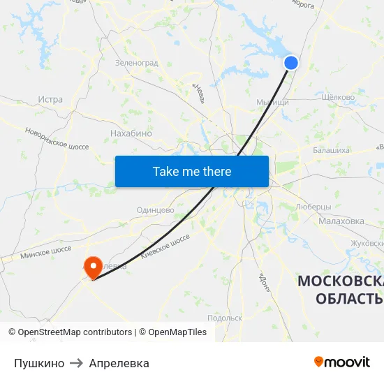 Пушкино to Апрелевка map