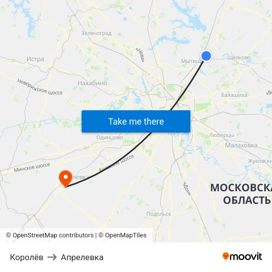 Королёв to Апрелевка map