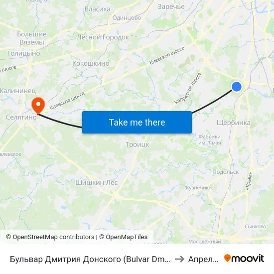 Бульвар Дмитрия Донского (Bulvar Dmitriya Donskogo) to Апрелевка map