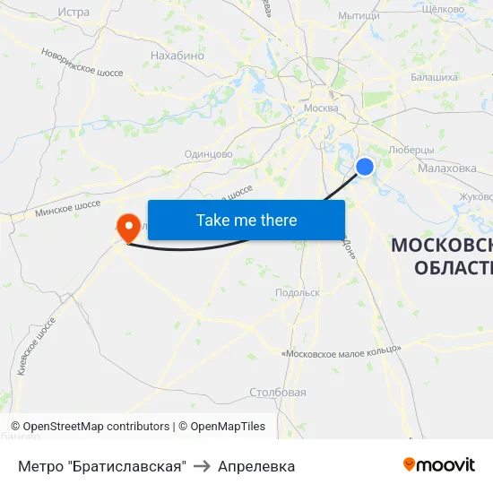 Метро "Братиславская" to Апрелевка map