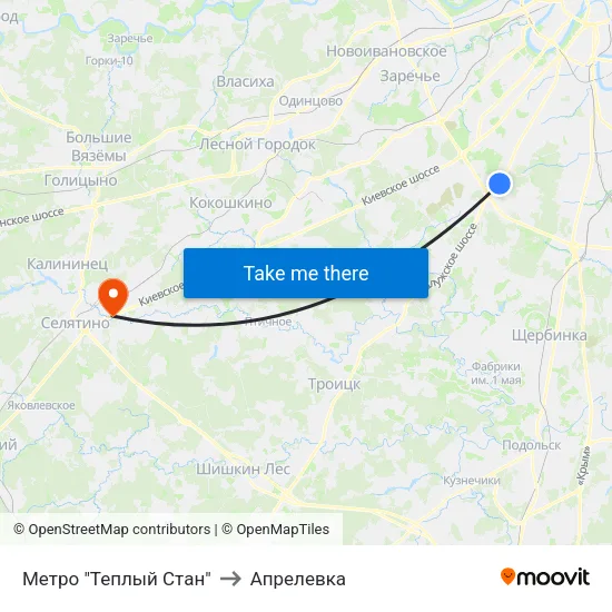 Метро "Теплый Стан" to Апрелевка map