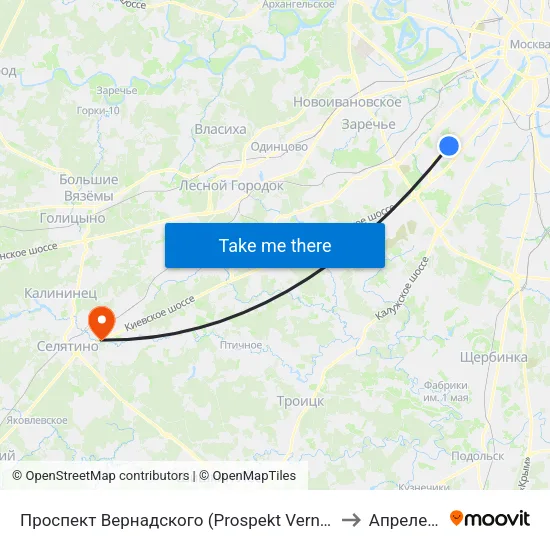 Проспект Вернадского (Prospekt Vernadskogo) to Апрелевка map