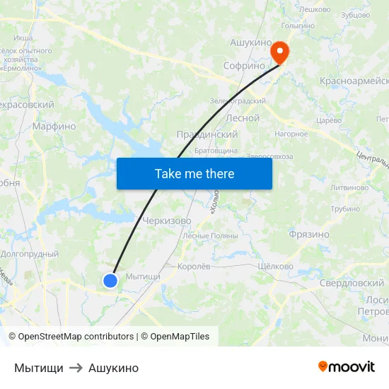 Мытищи to Ашукино map